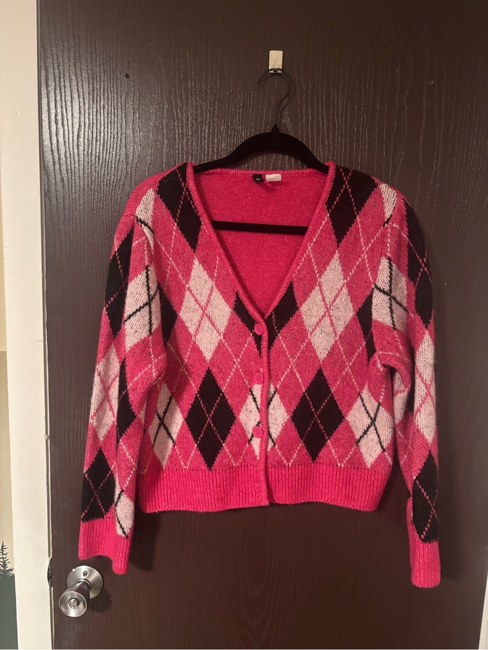 H&M Hot Pink Argyle Button-Up Cardigan with Black & White Diamond Pattern